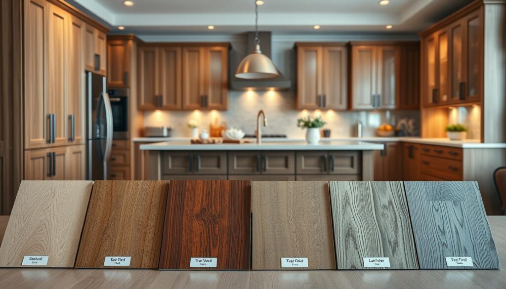 A beautifully arranged kitchen scene showcasing an array of kitchen cabinet materials. In the foreground, there are samples of natural wood finishes, sleek modern laminates, and textured metals, each labeled neatly. The middle ground features a stylish kitchen setting, with cabinets in various materials installed, emphasizing their texture and design. The background includes a softly lit kitchen environment with warm lighting that enhances the rich colors of wood, the sheen of metal, and the smoothness of laminate. Use a wide-angle lens to capture more of the space while creating a cozy atmosphere. The overall mood is inviting and informative, reflecting a professional yet homey kitchen ambiance, showcasing the diversity in kitchen cabinet materials in an elegant and appealing manner.