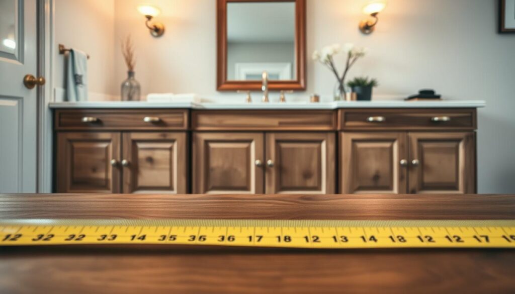 A beautifully designed bathroom space, showcasing a measuring tape laid flat against a stylish yet practical vanity. In the foreground, the focus is on the tape measure, emphasizing its length and the details of the vanity construction, with polished wood textures and elegant hardware. The middle ground features an inviting bathroom setup, with soft, diffused lighting illuminating the vanity area, highlighting the colors and textures of the materials used. The background displays subtle elements like a framed mirror and tasteful décor, creating a serene atmosphere. The angle should capture the scene from slightly above, offering a clear view of the measurement process in action. The overall mood is calm and organized, encouraging meticulous planning and preparation for bathroom renovations.