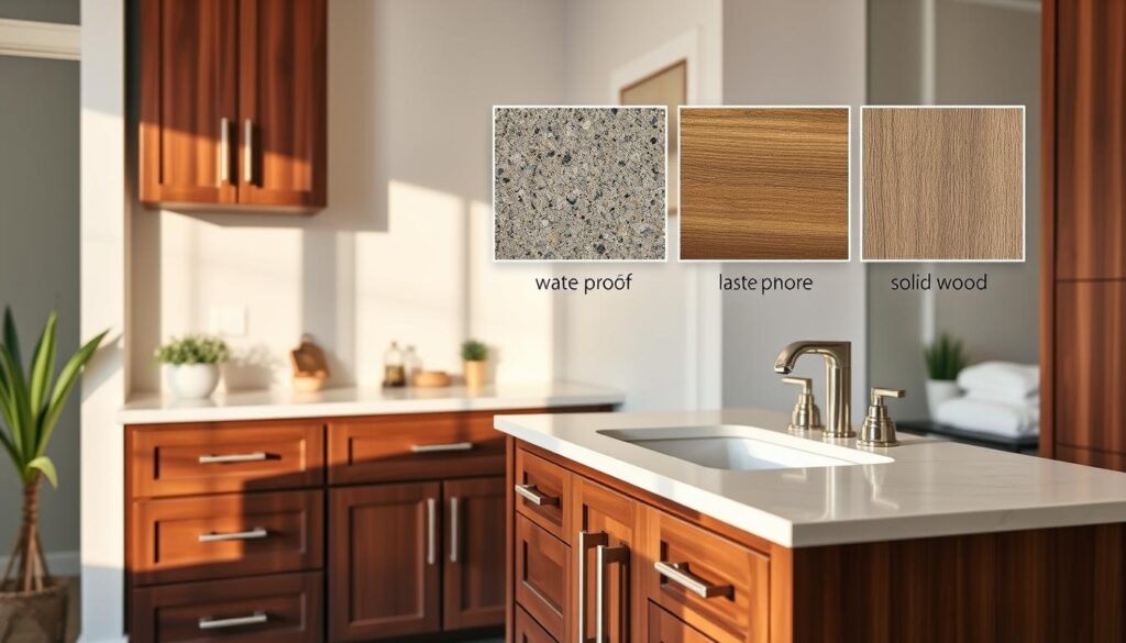 A beautifully designed bathroom vanity showcasing various materials that emphasize durability and functionality. In the foreground, a modern vanity with a sleek quartz countertop, featuring rich wooden cabinetry and elegant brushed nickel hardware, reflects both style and strength. The middle background presents a close-up of different surface materials, like waterproof laminate, stone, and solid wood, highlighted under soft, warm lighting to emphasize texture and craftsmanship. The background reveals a well-lit bathroom setting with subtle decor, like potted plants and plush towels, creating a serene atmosphere. Use a slightly elevated angle to capture the vanity's height and depth, ensuring clarity in the materials' details. The overall mood should convey a blend of sophistication and practicality, perfect for demonstrating the importance of materials in bathroom design.