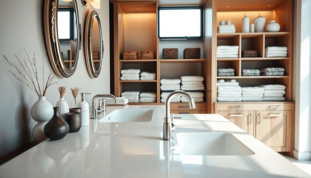 A beautifully designed bathroom vanity space that emphasizes the importance of size for comfort and storage. In the foreground, a well-proportioned double sink vanity with elegant countertops, adorned with decorative vases and neatly organized toiletries. In the middle ground, soft natural light streams through a frosted window, illuminating the contemporary faucet and decorative mirrors. The background features stylish cabinetry filled with neatly arranged towels and storage baskets, creating a harmonious flow in the space. The atmosphere is serene and inviting, with warm earth tones and minimalist decor. The perspective captures the vanity at a gentle angle, highlighting its functionality and aesthetic appeal in a modern bathroom setting. A beautifully designed bathroom vanity space that emphasizes the importance of size for comfort and storage. In the foreground, a well-proportioned double sink vanity with elegant countertops, adorned with decorative vases and neatly organized toiletries. In the middle ground, soft natural light streams through a frosted window, illuminating the contemporary faucet and decorative mirrors. The background features stylish cabinetry filled with neatly arranged towels and storage baskets, creating a harmonious flow in the space. The atmosphere is serene and inviting, with warm earth tones and minimalist decor. The perspective captures the vanity at a gentle angle, highlighting its functionality and aesthetic appeal in a modern bathroom setting.
