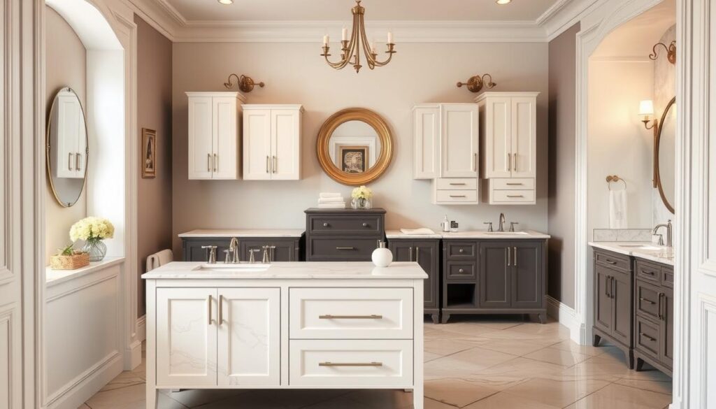 A beautifully styled bathroom featuring a measure vanity wall, showcasing a range of vanity sizes against an elegant backdrop. In the foreground, a chic, medium-sized double vanity with a polished marble countertop and modern fixtures. The middle section displays a variety of vanities in different shapes and sizes, some with seamless storage solutions, all organized neatly for a clear visual comparison. The background features soft-focus elements such as a stylish mirror and tasteful wall decor, contributing to a sophisticated ambiance. The lighting is warm and inviting, casting a soft glow on the surfaces, emphasizing the quality craftsmanship of the vanities. The overall mood conveys a sense of calm and refinement, ideal for selecting the right size vanity for any bathroom. A beautifully styled bathroom featuring a measure vanity wall, showcasing a range of vanity sizes against an elegant backdrop. In the foreground, a chic, medium-sized double vanity with a polished marble countertop and modern fixtures. The middle section displays a variety of vanities in different shapes and sizes, some with seamless storage solutions, all organized neatly for a clear visual comparison. The background features soft-focus elements such as a stylish mirror and tasteful wall decor, contributing to a sophisticated ambiance. The lighting is warm and inviting, casting a soft glow on the surfaces, emphasizing the quality craftsmanship of the vanities. The overall mood conveys a sense of calm and refinement, ideal for selecting the right size vanity for any bathroom.