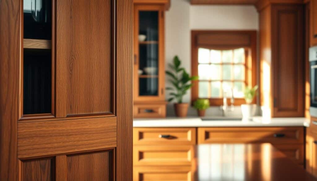 A close-up view of a beautifully crafted solid wood kitchen cabinet, showcasing the rich grain and texture of oak, cherry, or walnut. In the foreground, the cabinet door slightly ajar reveals well-organized interior shelves, enhancing the sense of depth. In the middle ground, elegant cabinetry blends seamlessly with a polished countertop, reflecting soft natural light filtering in from a nearby window. The background features a cozy kitchen setting with warm wooden tones and subtle green houseplants, conveying a welcoming atmosphere. The lighting is warm and inviting, emphasizing the natural beauty of the wood grains. The overall mood is timeless, evoking feelings of durability and craftsmanship in a modern kitchen environment.