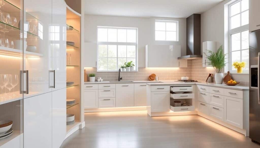 A contemporary kitchen featuring custom cabinets designed for small spaces, showcasing innovative storage solutions. In the foreground, a sleek, glossy white cabinet with intricate shelving, revealing organized dishes and glassware. The middle ground includes an L-shaped kitchen island with built-in drawers, accentuated by under-cabinet lighting that casts a warm glow. In the background, windows allow natural light to flood the space, highlighting the minimalist decor. The atmosphere is modern and inviting, emphasizing functionality without sacrificing style. The angle captures a wide shot to display the full scope of the cabinets and their space-saving features, with a focus on cleanliness and organization. A contemporary kitchen featuring custom cabinets designed for small spaces, showcasing innovative storage solutions. In the foreground, a sleek, glossy white cabinet with intricate shelving, revealing organized dishes and glassware. The middle ground includes an L-shaped kitchen island with built-in drawers, accentuated by under-cabinet lighting that casts a warm glow. In the background, windows allow natural light to flood the space, highlighting the minimalist decor. The atmosphere is modern and inviting, emphasizing functionality without sacrificing style. The angle captures a wide shot to display the full scope of the cabinets and their space-saving features, with a focus on cleanliness and organization.