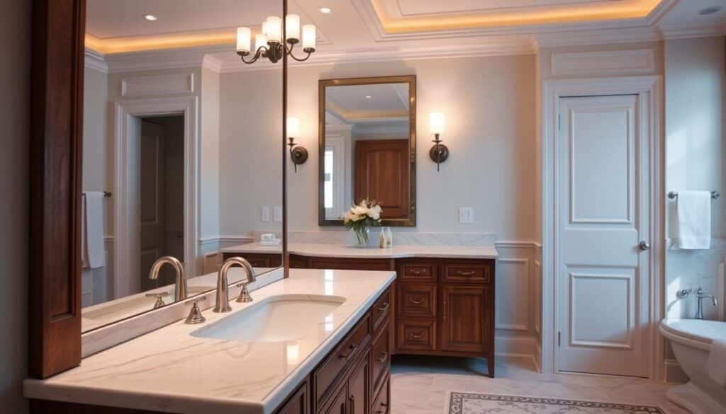 A luxurious bathroom interior featuring a stylish vanity as the focal point. In the foreground, a wooden double-sink vanity with a polished marble countertop reflects subtle lighting. The vanity is adorned with chrome fixtures and neatly arranged toiletries. In the middle ground, there’s a large mirror above the vanity, surrounded by elegant lighting fixtures that cast a warm glow. The background showcases soft pastel-colored walls and a tastefully tiled floor, creating a soothing atmosphere. The overall mood is serene and sophisticated, with natural light streaming in through a window. The scene captures the essence of choosing the right size vanity, emphasizing both functionality and aesthetic appeal.