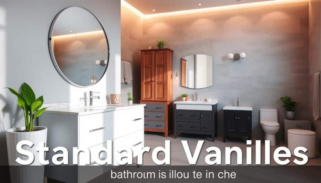A modern bathroom showcasing a variety of standard bathroom vanities measured in inches. In the foreground, a sleek white vanity with a polished marble countertop and a stylish round mirror reflects soft, natural light. Behind it, additional vanities of different sizes and styles, including a rustic wooden vanity and a minimalist black vanity, occupy the middle space, highlighting the diversity of designs available. In the background, a warm and inviting bathroom setting, adorned with light gray tiles, potted plants, and elegant fixtures, creates a tranquil atmosphere. The scene is illuminated by gentle overhead lighting, enhancing the textures and colors of the materials. The focus is on showcasing standard sizes, inviting readers to visualize their options. A modern bathroom showcasing a variety of standard bathroom vanities measured in inches. In the foreground, a sleek white vanity with a polished marble countertop and a stylish round mirror reflects soft, natural light. Behind it, additional vanities of different sizes and styles, including a rustic wooden vanity and a minimalist black vanity, occupy the middle space, highlighting the diversity of designs available. In the background, a warm and inviting bathroom setting, adorned with light gray tiles, potted plants, and elegant fixtures, creates a tranquil atmosphere. The scene is illuminated by gentle overhead lighting, enhancing the textures and colors of the materials. The focus is on showcasing standard sizes, inviting readers to visualize their options.