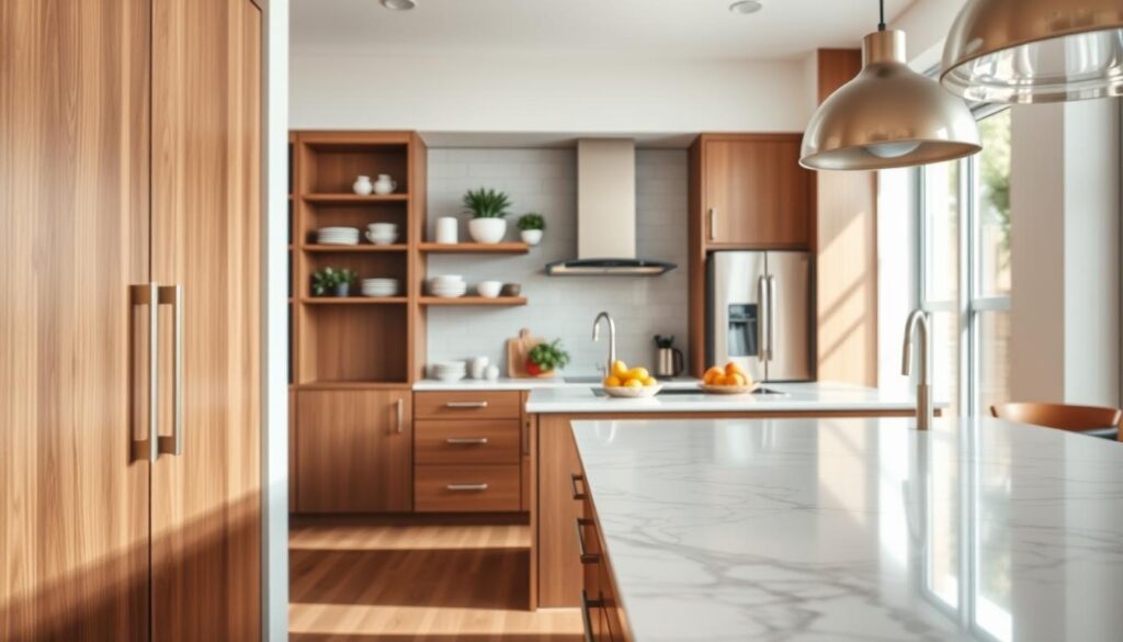 A modern kitchen scene showcasing an array of stylish materials and finishes used in custom cabinetry. In the foreground, sleek wooden cabinet doors are paired with brushed metal handles, along with a designer countertop made of polished quartz, featuring intricate veining patterns. The middle ground highlights a small, efficiently organized kitchen layout, with built-in shelves displaying tasteful dishware and plants, and a minimalist island adorned with colorful fruit. The background features soft, natural lighting streaming through a window, illuminating the space and reflecting off stainless steel appliances. The entire atmosphere is warm and inviting, emphasizing functionality and contemporary design, ideal for small spaces. A slight depth of field effect adds focus to the materials while blurring the background, enhancing the overall aesthetic. A modern kitchen scene showcasing an array of stylish materials and finishes used in custom cabinetry. In the foreground, sleek wooden cabinet doors are paired with brushed metal handles, along with a designer countertop made of polished quartz, featuring intricate veining patterns. The middle ground highlights a small, efficiently organized kitchen layout, with built-in shelves displaying tasteful dishware and plants, and a minimalist island adorned with colorful fruit. The background features soft, natural lighting streaming through a window, illuminating the space and reflecting off stainless steel appliances. The entire atmosphere is warm and inviting, emphasizing functionality and contemporary design, ideal for small spaces. A slight depth of field effect adds focus to the materials while blurring the background, enhancing the overall aesthetic.