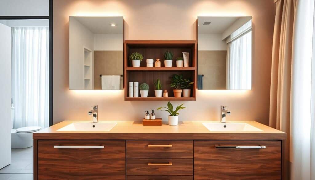 A stylish and modern vanity bathroom space designed for optimal comfort and storage. In the foreground, a sleek, double sink vanity made of rich wood with elegant chrome fixtures occupies the center of the scene. Gleaming mirrors above the sinks reflect soft ambient lighting, creating a warm atmosphere. The middle layer features organized storage with neatly arranged bath essentials and decorative potted plants, showcasing effective use of space. The background reveals a bright, airy setting with a softly lit window draped with sheer curtains, highlighting the overall flow of the room. Capture the angle from slightly above to emphasize the layout and spaciousness, evoking a sense of tranquility and functionality in this inviting bathroom retreat.
