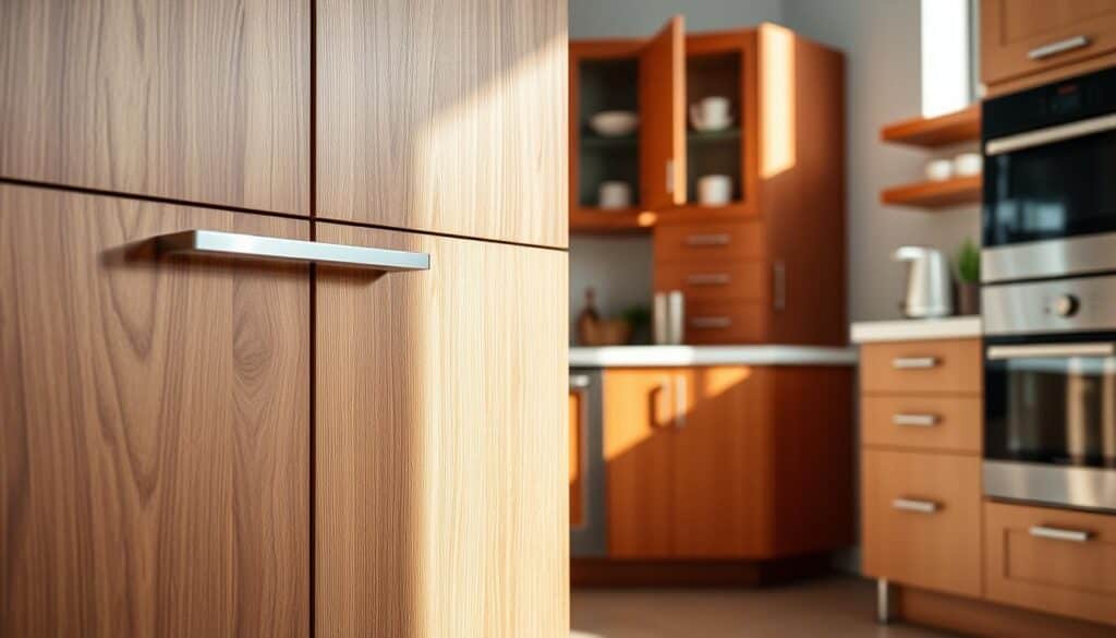 A stylish modern kitchen featuring a variety of kitchen cabinets made from different materials like wood, laminate, and metal. The image should showcase the cabinets in a well-lit setting, highlighting the textures and finishes. In the foreground, focus on a wooden cabinet with intricate grain patterns, complemented by a sleek metal handle. The middle section should display a combination of painted cabinets with vibrant colors and sophisticated lines. In the background, a cozy, sunlit space with a polished countertop and stylish kitchen accessories enhances the scene. Use soft natural lighting to create an inviting atmosphere, captured from a slightly elevated angle for depth and perspective, making the viewer feel like they are standing inside the kitchen, surrounded by design options.
