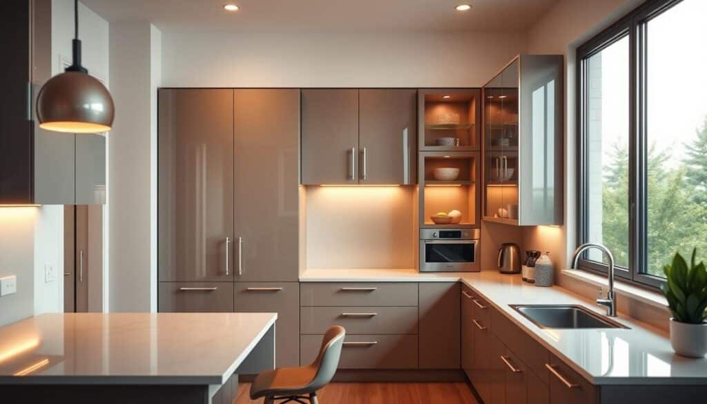 An interior view of a small, modern kitchen featuring a unique layout of custom cabinets designed for optimal storage. In the foreground, a stylish kitchen island with bar stools complements the cabinetry. The middle ground showcases an arrangement of sleek, high-gloss cabinets with innovative storage solutions, like pull-out shelves and corner units, highlighting how they maximize space. Behind, large windows allow natural light to illuminate the kitchen, creating a bright and inviting atmosphere. The lighting is warm and soft, enhancing the cozy, functional design. The camera angle is slightly elevated to capture the full layout, emphasizing the harmonious blend of practicality and aesthetics in a compact space. An interior view of a small, modern kitchen featuring a unique layout of custom cabinets designed for optimal storage. In the foreground, a stylish kitchen island with bar stools complements the cabinetry. The middle ground showcases an arrangement of sleek, high-gloss cabinets with innovative storage solutions, like pull-out shelves and corner units, highlighting how they maximize space. Behind, large windows allow natural light to illuminate the kitchen, creating a bright and inviting atmosphere. The lighting is warm and soft, enhancing the cozy, functional design. The camera angle is slightly elevated to capture the full layout, emphasizing the harmonious blend of practicality and aesthetics in a compact space.