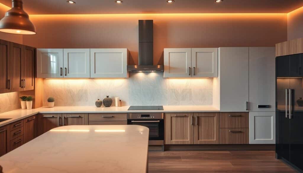 What materials are commonly used in kitchen cabinets