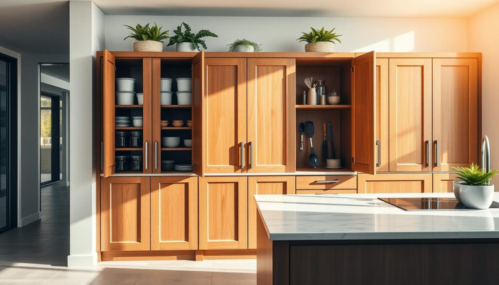 A beautifully designed modern kitchen featuring a durable pantry cabinet made of high-quality materials, such as solid wood and metal hardware, demonstrating strength and resilience. The cabinet is positioned in the foreground, showcasing its sturdy construction, with open doors revealing organized, durable containers and shelves. In the middle ground, a sleek marble countertop contrasts with the cabinet, adorned with stylish kitchen tools and decorative plants. The background features soft, natural light streaming in through a large window, highlighting the elegance of the space. The atmosphere is warm and inviting, emphasizing the functionality and durability of contemporary kitchen designs. The angle captures a slightly elevated view, accentuating the cabinet's height and finishes.