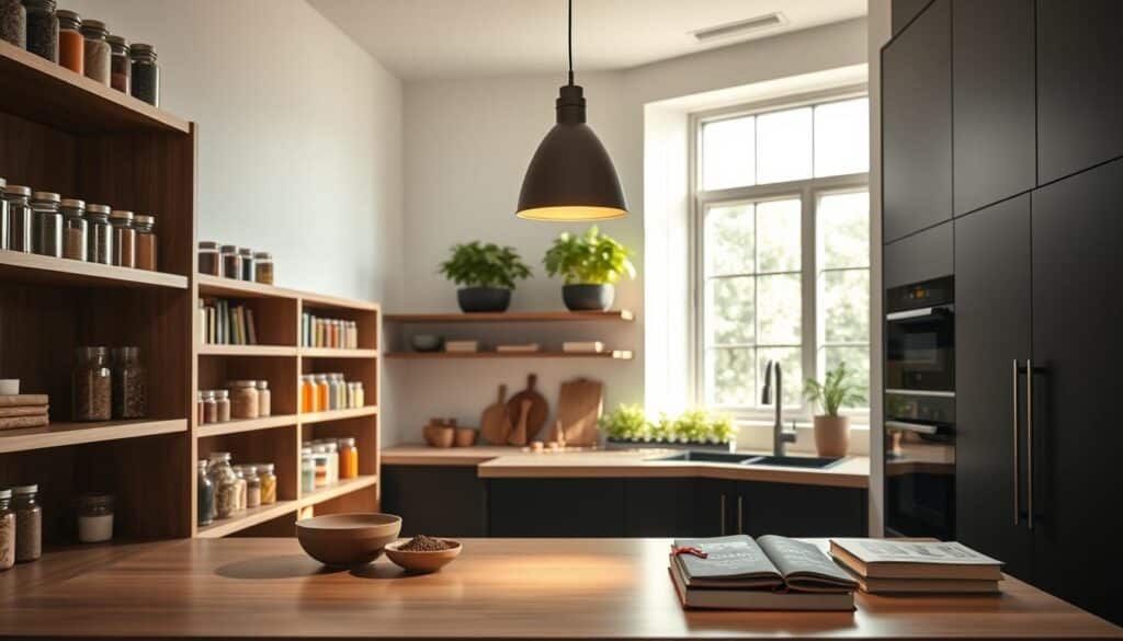 A beautifully organized kitchen with modern storage solutions as the focal point. In the foreground, showcase elegant open shelving made of natural wood, displaying neatly arranged glass jars filled with colorful spices and grains. The middle ground features stylish cabinets with matte black finishes, complemented by minimalist hardware. Include a large, well-lit island with hanging pendant lights casting a warm glow over a neatly organized layout of utensils and cookbooks. In the background, an airy window invites natural light, highlighting a lush green herb garden on the windowsill. The overall mood conveys sophistication and tranquility, with a soft, inviting atmosphere that illustrates the latest trends in kitchen design. Use a soft focus for a dreamy effect, capturing the essence of contemporary kitchen aesthetics.