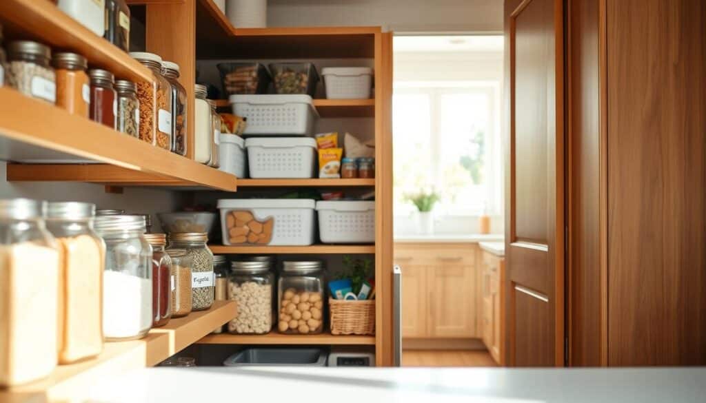 A cozy, well-organized kitchen pantry, showcasing various storage solutions for maximum functionality. In the foreground, neatly arranged mason jars filled with colorful spices and grains sit on wooden shelves. The middle section features an assortment of labeled bins and baskets, efficiently storing snacks and dry goods, with a small potted herb plant adding a touch of greenery. The background reveals a glimpse of a bright kitchen with natural light streaming through a window, highlighting the warm wood tones of the cabinetry. The scene conveys a sense of order and accessibility, emphasizing the importance of pantry size for effective kitchen storage. Soft, diffused lighting enhances the inviting atmosphere, making the pantry appear both practical and stylish.