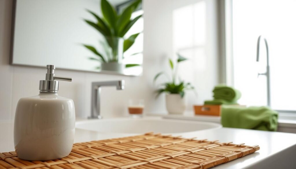 A modern bathroom scene showcasing eco-friendly quick changes. In the foreground, a stylish bamboo bath mat and a ceramic soap dispenser filled with biodegradable soap. The middle ground features a large mirror reflecting a potted plant, emphasizing natural elements. Near the sink, a sleek faucet with a water-saving aerator is visible. The background reveals a softly lit window allowing natural light to illuminate the space, highlighting green accents like towels made from organic cotton. The overall atmosphere is serene and inviting, with neutral tones and vibrant greenery creating a calming effect. The image is shot at a slight angle to capture depth and detail, ensuring a fresh and inspiring depiction of sustainable bathroom practices.