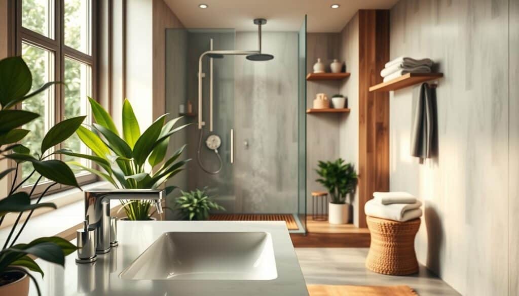 A modern eco-friendly bathroom designed for water conservation. In the foreground, a sleek, minimalistic sink with a stylish faucet equipped with a low-flow feature, surrounded by lush indoor plants. The middle area showcases a shower with a rainfall showerhead that employs water-saving technology, complemented by a bamboo shower mat. The background displays a large window allowing natural light to flood the space, highlighting the use of sustainable materials like reclaimed wood for shelves and organic cotton towels. Soft, warm lighting creates a tranquil atmosphere, and the color palette features earthy tones of green and beige. The overall mood is serene and inviting, promoting comfort while emphasizing eco-friendly practices. No human figures are present.