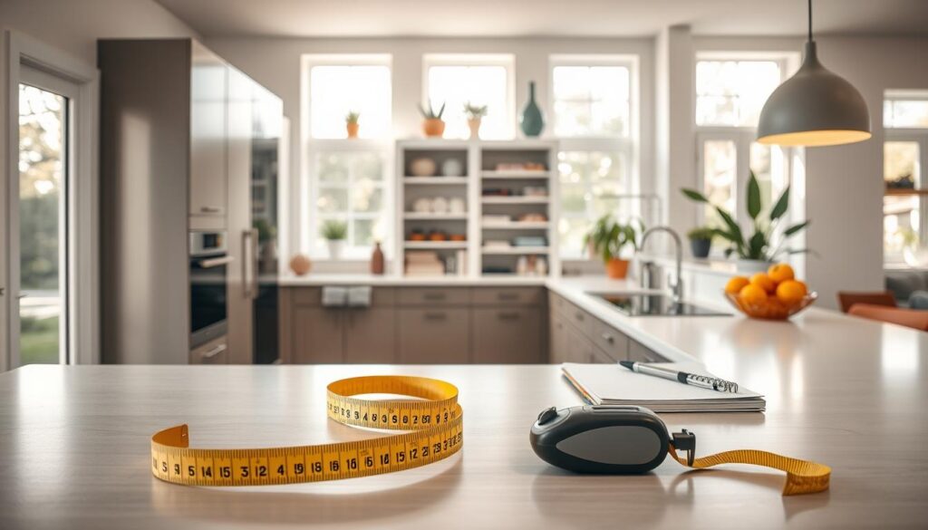 A modern kitchen layout featuring an open space design, showcasing a well-organized pantry cabinet next to a spacious countertop with stylish appliances. In the foreground, measure tape and a notepad are placed on the counter, indicating preparation for measuring cabinet dimensions. The middle section displays sleek cabinets, pristine countertops, and a colorful fruit bowl that adds vibrancy. The background reveals bright windows allowing natural light to fill the space, with plants and tasteful decor enhancing the ambiance. Use soft, warm lighting for a welcoming feel, with a slight depth of field effect to focus on the pantry cabinet. The scene should convey a practical and inviting kitchen atmosphere, ideal for planning and organizing pantry size measurements.
