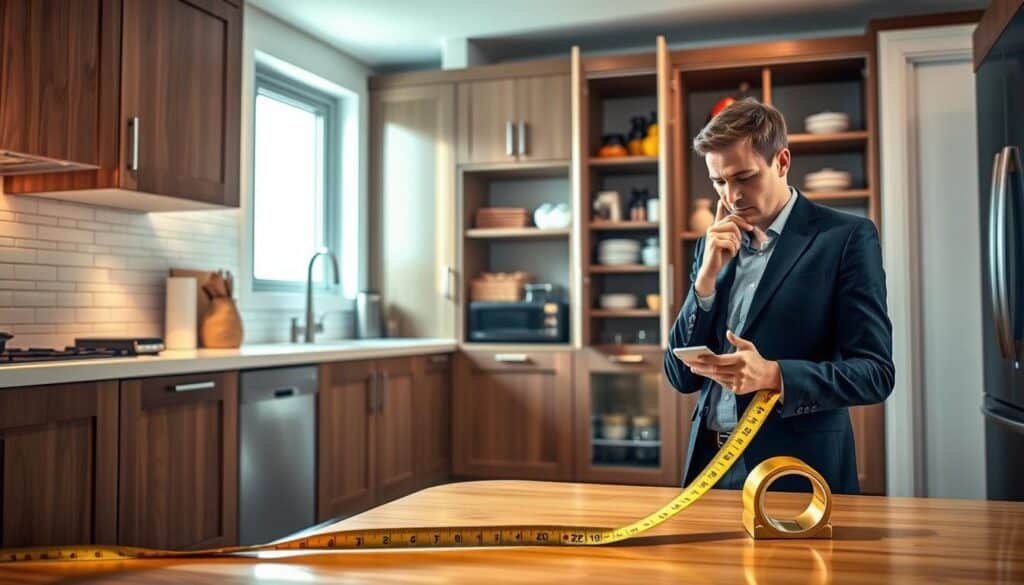 A modern kitchen setting featuring a detailed kitchen pantry cabinet, showcasing various sizes and configurations. In the foreground, a measuring tape is stretched alongside the cabinet, emphasizing dimensions for optimal fit. The middle section includes a thoughtful adult in professional attire, intently observing and jotting down notes, symbolizing the decision-making process. Soft, natural lighting filters through a nearby window, casting warm tones across the space. The background displays open shelves with neatly arranged food items and kitchenware, illustrating the functionality of the pantry. The overall atmosphere is one of calm and organization, inviting the viewer to consider the importance of precise measurements in designing a pantry for efficient space utilization.