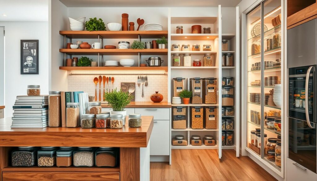 A modern kitchen storage area showcasing efficient and stylish organization. In the foreground, a sleek wooden kitchen island features neatly arranged jars filled with spices and grains, alongside neatly stacked cookbooks. In the middle, open shelving displays a variety of kitchen utensils and decorative dishes, accented with fresh herbs in stylish pots. The background reveals a spacious pantry with labeled glass containers for grains and snacks, illuminated by warm, inviting lighting. Use a wide-angle lens to emphasize spaciousness and airy feel, capturing the cozy yet modern aesthetic. The mood is bright and functional, highlighting innovative storage solutions that blend seamlessly with contemporary design.