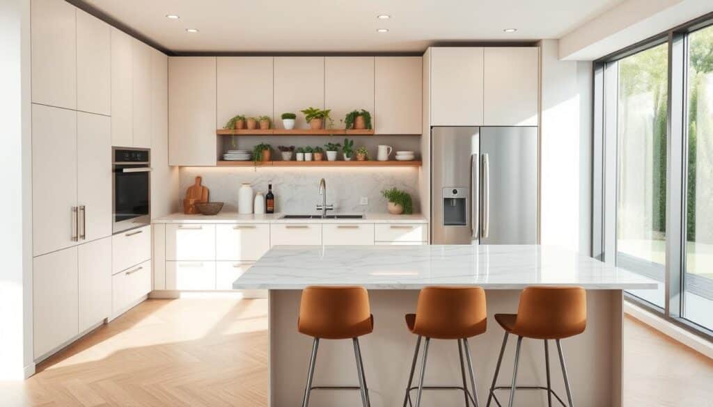 A modern kitchen that showcases the latest design trends, featuring sleek cabinetry with minimalist lines in soft pastel colors. In the foreground, a polished marble island with stylish bar stools invites interaction, while a high-end oven and seamless refrigerator are integrated into the cabinetry. The middle ground displays open shelving adorned with trendy kitchenware and vibrant potted herbs, enhancing the space's functionality and style. In the background, large windows bathe the room in natural light, creating a warm, inviting atmosphere. The use of smart home technology is subtly integrated, maintaining a clean aesthetic. The overall mood is contemporary and dynamic, reflecting the current shift towards functionality and elegance in kitchen design.