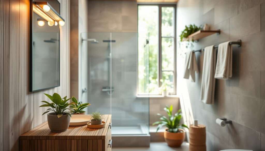 A serene and eco-friendly bathroom interior, featuring sustainable materials like bamboo and recycled glass. In the foreground, a stylish bamboo vanity with potted plants sits atop, while energy-efficient LED lighting casts a warm glow. In the middle, a sleek shower with a water-saving showerhead and organic cotton towels hangs on a rack. The background showcases a tall window with sunlight streaming in, illuminating the natural stone tiles and inviting greenery from an outdoor view. Emphasize a calm and inviting atmosphere, highlighting the connection between daily routines and environmental sustainability. Use a soft focus effect to enhance the soothing mood, capturing simplicity and elegance in this eco-conscious space.