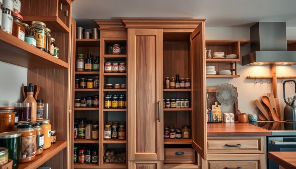 A well-organized kitchen pantry cabinet designed to showcase optimal storage needs. In the foreground, various kitchen items such as jars, spices, and canned goods are neatly arranged on wooden shelves. The middle section features a stylish cabinet with a combination of open and closed shelving, crafted from high-quality wood with a natural finish. In the background, warm, inviting kitchen elements like a rustic countertop and subtle lighting create a cozy atmosphere. Soft, diffused light highlights the textures of the wood and the organized items, while a slight upward angle captures the height and functionality of the pantry cabinet. The mood is practical yet stylish, emphasizing efficiency in kitchen storage.