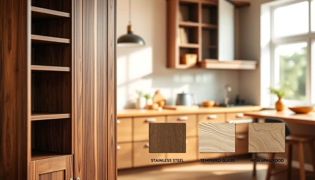 A well-organized kitchen pantry cabinet highlighting various durable materials ideal for construction. In the foreground, display a sleek wood cabinet with a rich walnut finish, showcasing a minimalist design featuring sturdy shelves and smooth edges. The middle ground should feature samples of other materials like stainless steel, tempered glass, and high-quality plywood, emphasizing their durability and aesthetic appeal. In the background, softly lit kitchen space adorned with warm, inviting colors to create a cozy atmosphere, with natural light streaming in through a window. Use a shallow depth of field to draw attention to the cabinet materials while keeping the background slightly blurred. The image should convey a sense of sophistication, practicality, and modern living.