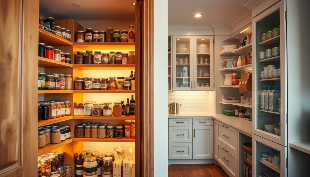 A beautifully organized pantry showcasing both a walk-in and a cabinet pantry side by side. In the foreground, the walk-in pantry features wooden shelves filled with neatly arranged jars of spices, canned goods, and dried foods, illuminated by warm, soft lighting that creates a cozy atmosphere. In the middle, the cabinet pantry displays a sleek, modern design with glass doors showcasing neatly stacked ingredients and baking supplies. The background highlights a tastefully designed kitchen with soft pastel colors, emphasizing the theme of organization and functionality. The angle is slightly low to capture the inviting depth of the space. Overall, the mood is homely and practical, illustrating the efficient use of storage in American homes. A beautifully organized pantry showcasing both a walk-in and a cabinet pantry side by side. In the foreground, the walk-in pantry features wooden shelves filled with neatly arranged jars of spices, canned goods, and dried foods, illuminated by warm, soft lighting that creates a cozy atmosphere. In the middle, the cabinet pantry displays a sleek, modern design with glass doors showcasing neatly stacked ingredients and baking supplies. The background highlights a tastefully designed kitchen with soft pastel colors, emphasizing the theme of organization and functionality. The angle is slightly low to capture the inviting depth of the space. Overall, the mood is homely and practical, illustrating the efficient use of storage in American homes.