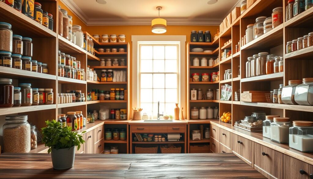 A beautifully organized walk-in pantry featuring wooden shelving stocked with various jars, canned goods, and neatly arranged spice containers. The foreground includes a rustic wooden countertop with a small potted herb plant, emphasizing a homely atmosphere. In the middle, large shelves hold colorful food items, with some area dedicated to baking supplies like flour and sugar in clear jars. The background showcases a warm, inviting light coming through a window, illuminating the space and casting soft shadows. The room is designed with a cozy ambiance, using soft yellow and earth tones, and evokes a sense of comfort and practicality suited for modern American kitchens. The angle captures a wide view to highlight the spaciousness and functionality of the pantry. A beautifully organized walk-in pantry featuring wooden shelving stocked with various jars, canned goods, and neatly arranged spice containers. The foreground includes a rustic wooden countertop with a small potted herb plant, emphasizing a homely atmosphere. In the middle, large shelves hold colorful food items, with some area dedicated to baking supplies like flour and sugar in clear jars. The background showcases a warm, inviting light coming through a window, illuminating the space and casting soft shadows. The room is designed with a cozy ambiance, using soft yellow and earth tones, and evokes a sense of comfort and practicality suited for modern American kitchens. The angle captures a wide view to highlight the spaciousness and functionality of the pantry.