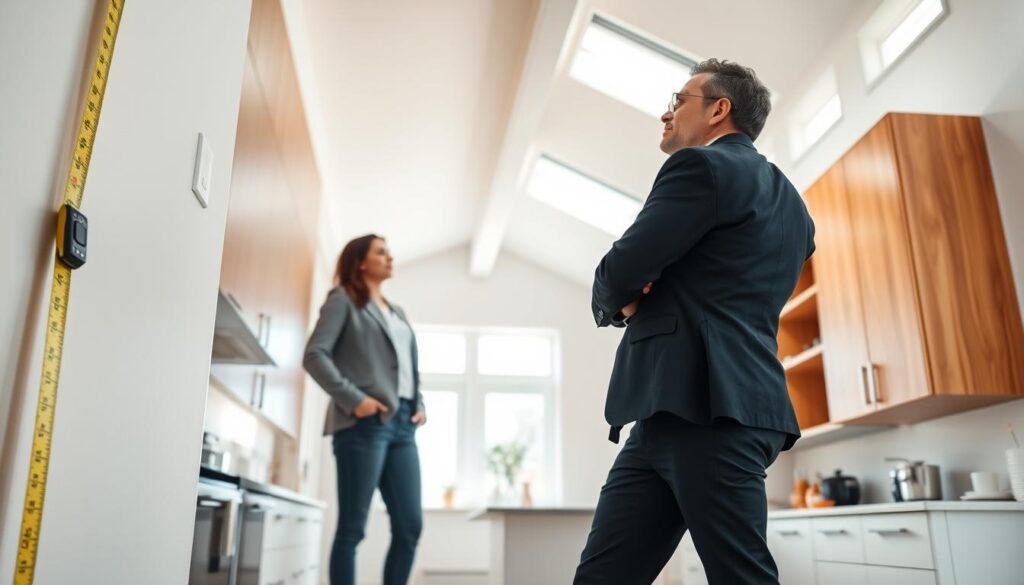 A bright and modern kitchen interior, showcasing tall kitchen cabinets that reach all the way to the ceiling. In the foreground, a measuring tape is laid against a wall, indicating the height of the cabinets, while a professional interior designer, dressed in smart casual attire, is examining the measurements thoughtfully. The middle ground features sleek, contemporary cabinets in a warm wood finish with minimalistic handles, and a stylish countertop adorned with kitchen tools. The background includes an open space with natural light streaming through windows, highlighting the high ceiling and creating a welcoming atmosphere. The camera angle is slightly below eye level, emphasizing the height of the cabinets and giving a sense of spaciousness.