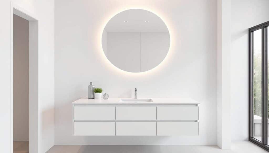 A modern floating vanity wall, elegantly integrated into a bright, minimalist bathroom. The vanity features sleek, white cabinetry with clean lines, reflecting a contemporary design aesthetic. Above the vanity, a large round mirror elegantly frames the space, illuminated by soft, warm LED lighting. The countertop is a polished quartz, displaying neatly arranged decorative items and a small potted plant for a touch of greenery. The background showcases subtle, light-colored tiles enhancing the spacious atmosphere, with a hint of a large window allowing natural light to flood in. The angle captures both the vanity and the clean lines of the space, creating a serene and inviting ambiance, ideal for a chic bathroom setting.