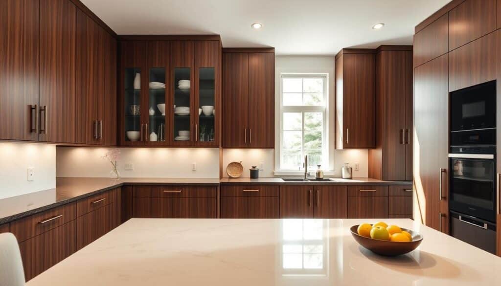 A modern kitchen featuring elegant ceiling-height cabinets that stretch all the way to the ceiling, showcasing a sleek, minimalist design. The cabinets are a rich, dark wood finish, complemented by polished metal handles for a contemporary touch. In the foreground, a kitchen island with a warm white marble countertop is adorned with a stylish fruit bowl. The middle ground highlights the cabinets, which have glass doors displaying curated dishware and decorative items. Soft, natural light filters through a window in the background, casting gentle shadows and creating a welcoming atmosphere. The scene is photographed with a wide-angle lens, capturing the full height of the cabinets and emphasizing their spaciousness, evoking a sense of luxury and organized efficiency in kitchen design.
