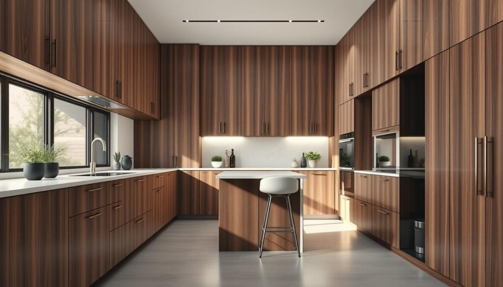 A modern kitchen featuring stylish, built-in cabinets that extend seamlessly to the ceiling, showcasing a sleek design and maximizing storage space. The foreground displays textured wooden cabinets with elegant hardware, complemented by a luxurious countertop in quartz. The middle layers include a minimalist kitchen island with contemporary bar stools. Soft, natural light filters in through large windows, illuminating the space and creating a warm, inviting atmosphere. The background features subtle decorative elements like potted herbs and a stylish backsplash. The overall mood is one of sophistication and efficiency, capturing the essence of modern kitchen design where functionality meets aesthetics. Shot with a wide-angle lens to emphasize depth, with a focus on clean lines and a seamless visual flow.