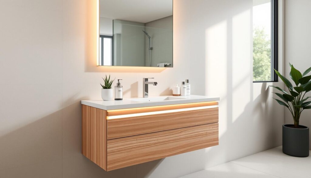 A modern wall-mounted vanity in a contemporary bathroom setting, showcasing a sleek design with clean lines. The vanity features a light wood finish with a white, quartz countertop and an under-mounted sink. In the foreground, the vanity reflects soft, warm ambient lighting from integrated LED strips, creating an inviting atmosphere. A stylish mirror above the vanity, framed in brushed metal, complements the overall aesthetic. In the middle ground, elegant bathroom accessories like a small potted plant and organized toiletries add a touch of personalization. The background includes a lightly textured tiled wall that enhances the bathroom’s modern charm. The scene is captured from a slightly elevated angle to emphasize the spaciousness, with soft natural light filtering in from a nearby window, enhancing the serene and sophisticated mood. A modern wall-mounted vanity in a contemporary bathroom setting, showcasing a sleek design with clean lines. The vanity features a light wood finish with a white, quartz countertop and an under-mounted sink. In the foreground, the vanity reflects soft, warm ambient lighting from integrated LED strips, creating an inviting atmosphere. A stylish mirror above the vanity, framed in brushed metal, complements the overall aesthetic. In the middle ground, elegant bathroom accessories like a small potted plant and organized toiletries add a touch of personalization. The background includes a lightly textured tiled wall that enhances the bathroom’s modern charm. The scene is captured from a slightly elevated angle to emphasize the spaciousness, with soft natural light filtering in from a nearby window, enhancing the serene and sophisticated mood.