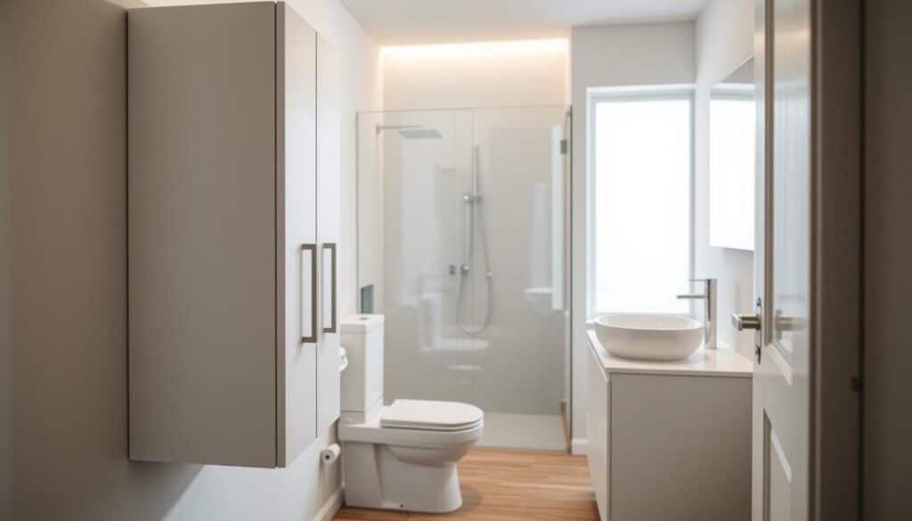 A small, modern bathroom featuring a minimalist design with smart storage solutions. In the foreground, a sleek wall-mounted bathroom cabinet with clean lines, complemented by a stylish mirror above it. The middle ground includes a compact toilet and a freestanding vanity with an elegant basin, showcasing the contrast between the two cabinet styles. The background reveals a beautifully tiled shower area with subtle lighting creating a warm and inviting atmosphere. The scene is illuminated by soft, natural light coming through a frosted window, enhancing the space's openness. The composition captures the essence of practicality and style in small bathrooms, with a focus on organization and aesthetic appeal. The camera angle is slightly elevated, providing a comprehensive view of the layout and design elements. A small, modern bathroom featuring a minimalist design with smart storage solutions. In the foreground, a sleek wall-mounted bathroom cabinet with clean lines, complemented by a stylish mirror above it. The middle ground includes a compact toilet and a freestanding vanity with an elegant basin, showcasing the contrast between the two cabinet styles. The background reveals a beautifully tiled shower area with subtle lighting creating a warm and inviting atmosphere. The scene is illuminated by soft, natural light coming through a frosted window, enhancing the space's openness. The composition captures the essence of practicality and style in small bathrooms, with a focus on organization and aesthetic appeal. The camera angle is slightly elevated, providing a comprehensive view of the layout and design elements.