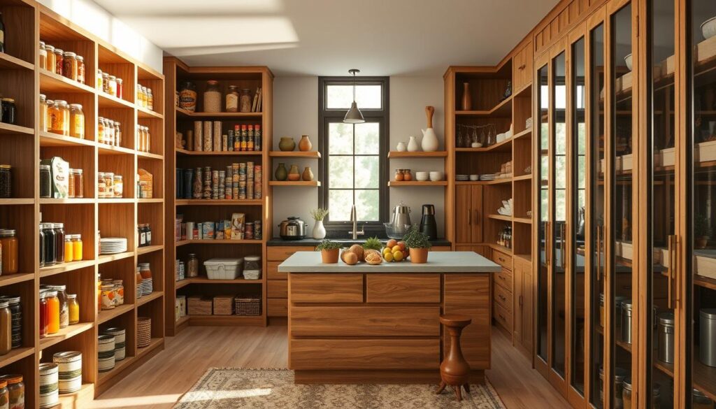 A spacious walk-in pantry designed for functionality and elegance. In the foreground, a wooden shelving unit filled with neatly organized jars of spices, colorful canned goods, and snacks, showcasing ample storage. The middle layer features a sleek countertop with fresh fruits and decorative herbs in terracotta pots. On the far wall, a large window allows soft, natural light to filter in, enhancing the earthy tones and textures. The background reveals additional shelves lined with baking essentials and kitchen tools. A cozy rug lies underfoot, creating a warm, inviting atmosphere. The scene is captured from a slightly elevated angle, highlighting the layout and depth of the space, evoking a sense of home and warmth. A spacious walk-in pantry designed for functionality and elegance. In the foreground, a wooden shelving unit filled with neatly organized jars of spices, colorful canned goods, and snacks, showcasing ample storage. The middle layer features a sleek countertop with fresh fruits and decorative herbs in terracotta pots. On the far wall, a large window allows soft, natural light to filter in, enhancing the earthy tones and textures. The background reveals additional shelves lined with baking essentials and kitchen tools. A cozy rug lies underfoot, creating a warm, inviting atmosphere. The scene is captured from a slightly elevated angle, highlighting the layout and depth of the space, evoking a sense of home and warmth.