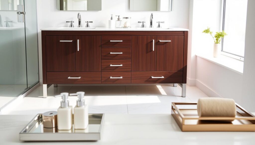 A well-designed double sink bathroom vanity stands centrally in a bright, modern bathroom. The vanity features a sleek, dark wood finish with chrome fixtures, two spacious sinks, and plenty of storage drawers below. In the foreground, a neatly arranged set of elegant bathroom accessories, like soap dispensers and decorative trays, adds a touch of sophistication. The middle ground showcases the vanity illuminated by soft, diffused natural light through a nearby frosted window, highlighting the polished countertops. In the background, light-colored walls and a stylish mirror reflect a clean and organized space. The overall atmosphere is inviting and functional, emphasizing the importance of standard vanity dimensions for comfort and layout. The scene is captured from a slightly elevated angle, focusing on the functionality and aesthetic appeal of the vanity design.